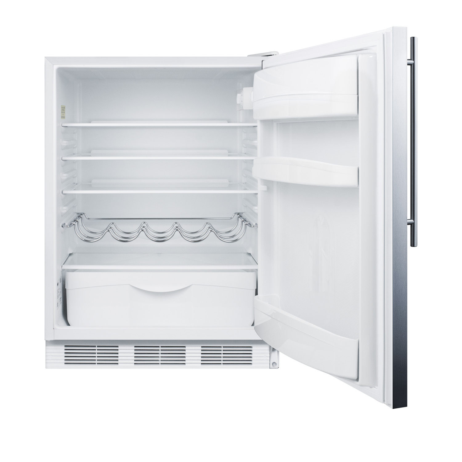 ADA compliant built-in undercounter all-refrigerator for residential use, auto defrost with stainless steel wrapped door, thin handle, and white cabinet